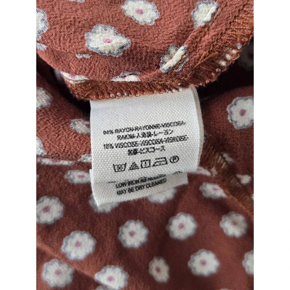 Free People Floral Button Front Blouse Small Brown Short Sleeve Boho Cottage Top